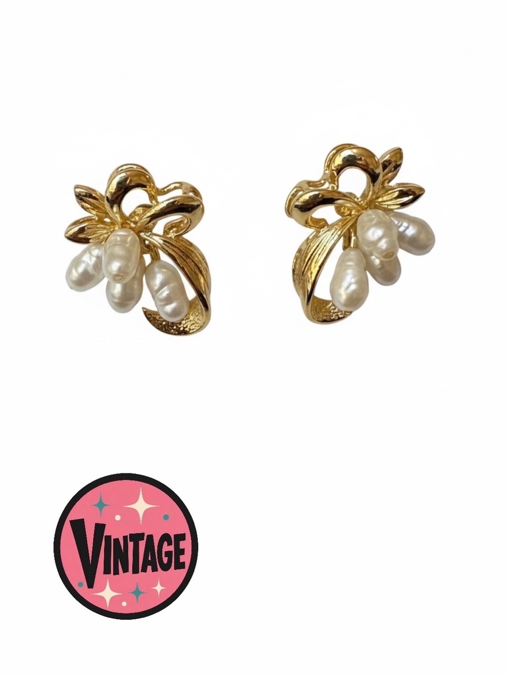 Vintage Gold Tone Rice Pearl Cluster Post Earrings - Excellent Condition
